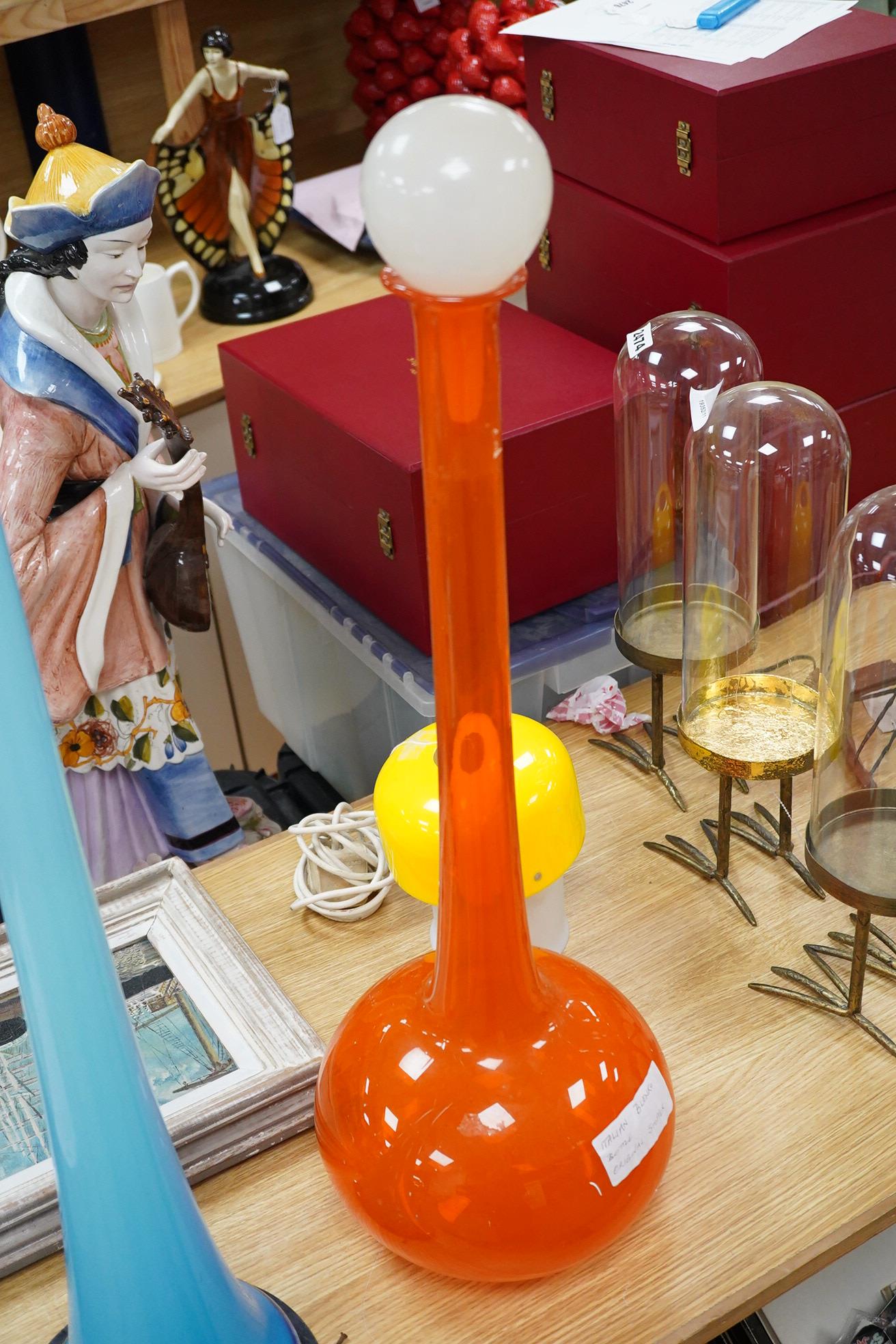 A Vincenza blue glass standard lamp base and a Italian Blenko oversized bottle and stopper, largest 143cm